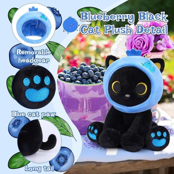 8inch Blueberry Black Cat Plush Stuffed Animals For Kids - Picture 3 of 5